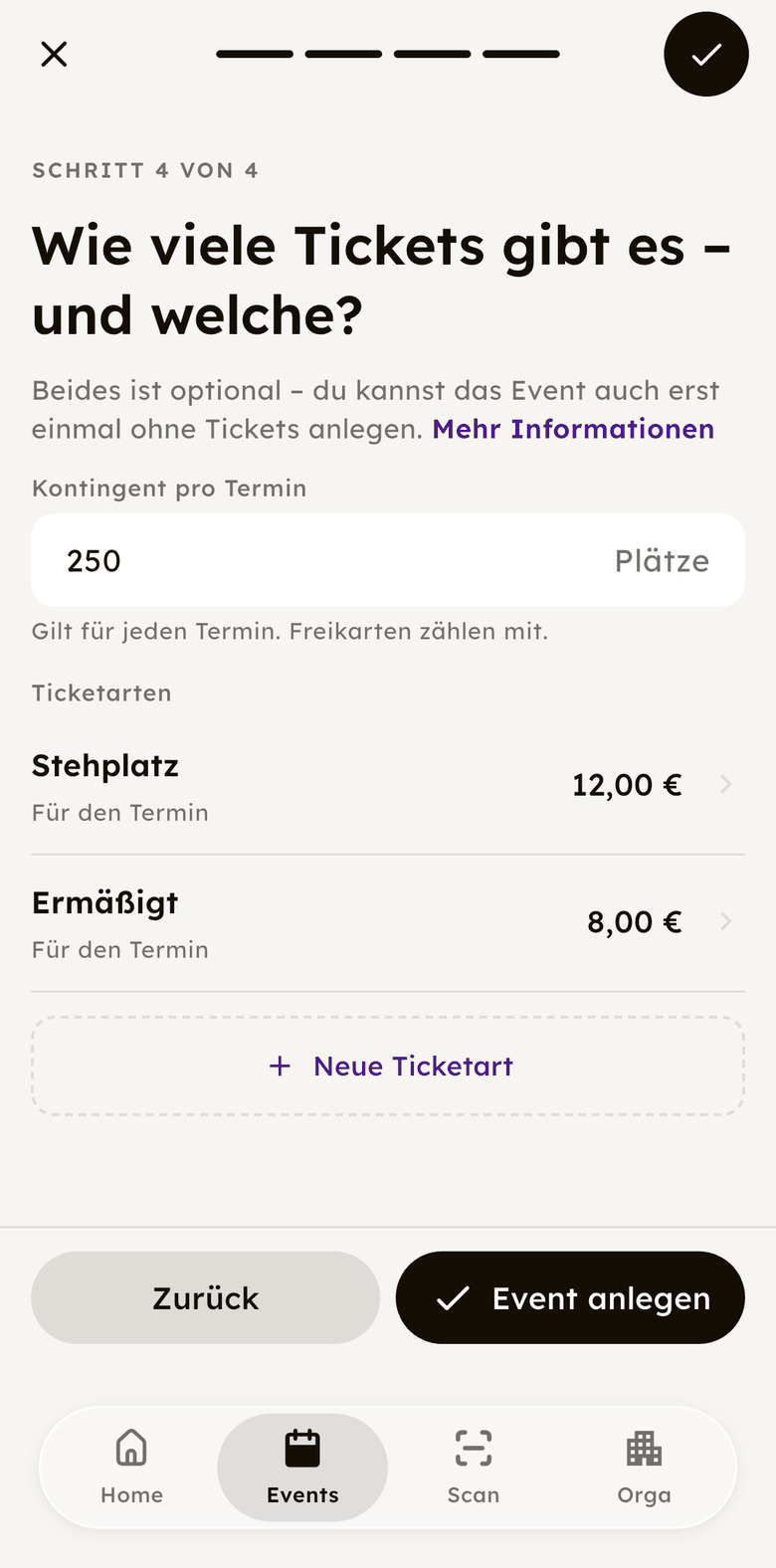 Event anlegen in der App: Kontingent und Ticketarten mit Preisen