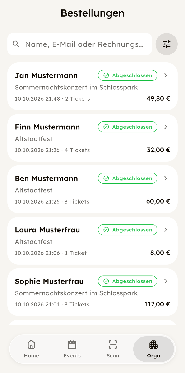 Bestellungen in der App mit Käufer, Ticketanzahl und Betrag