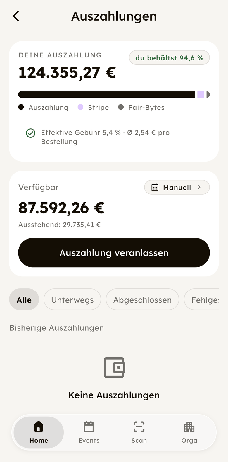 Auszahlungen in der App: verfügbares Guthaben und Auszahlung veranlassen