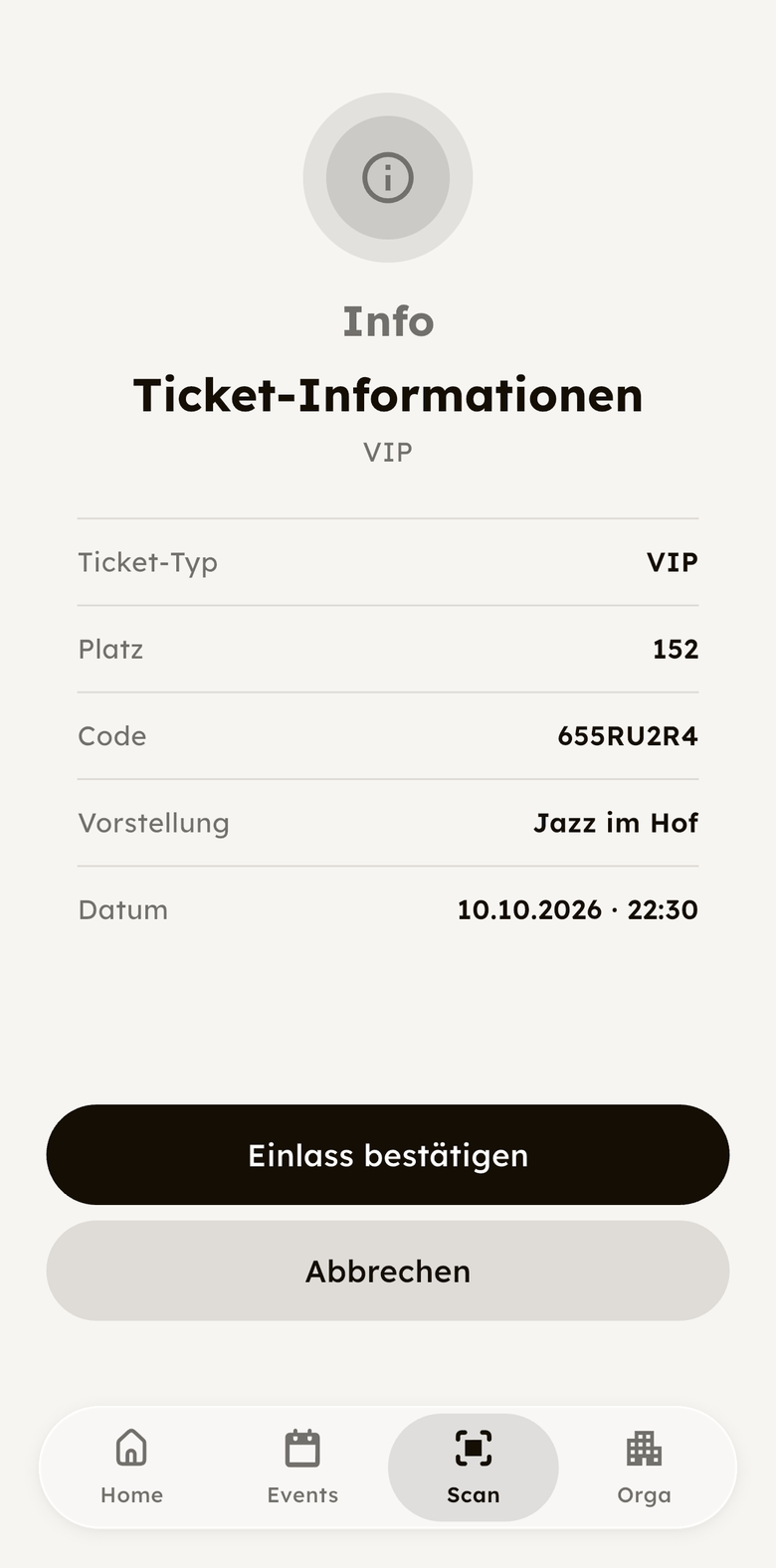 Einlass in der App: die Ticket-Informationen nach dem Scan