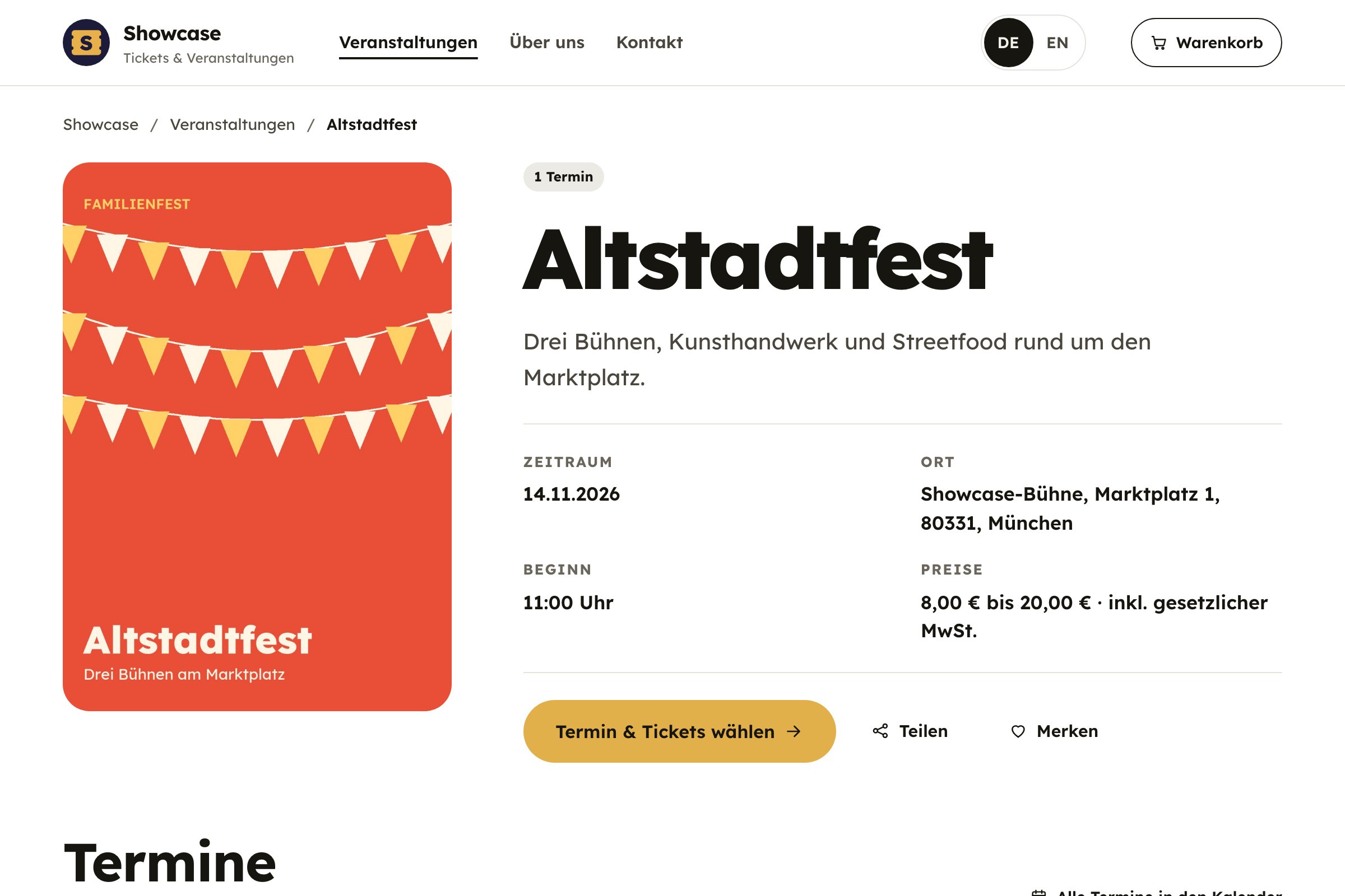 Eventseite eines Beispiel-Shops