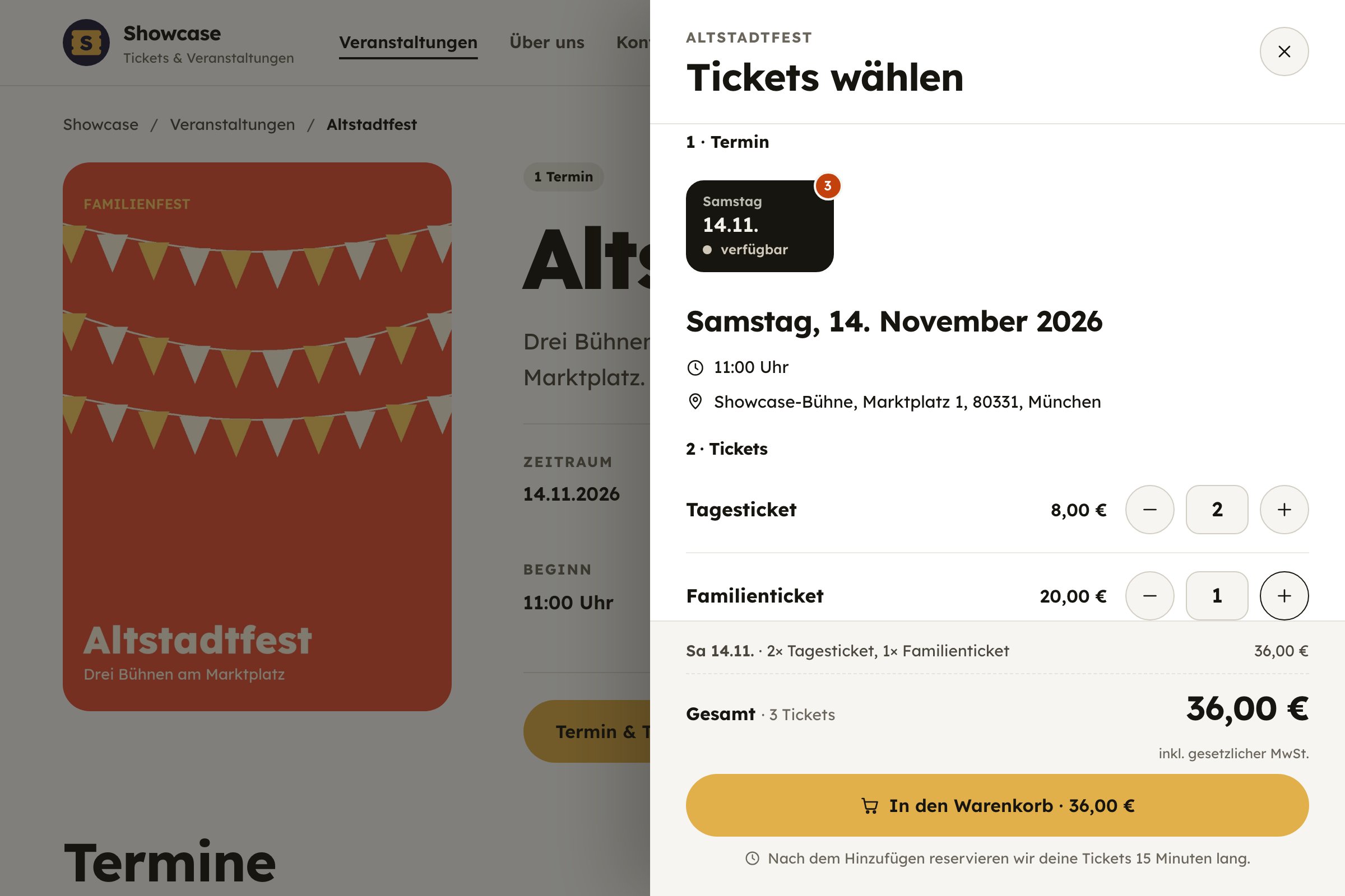 Ticketauswahl: zwei Tagestickets und ein Familienticket, Summe 36 Euro