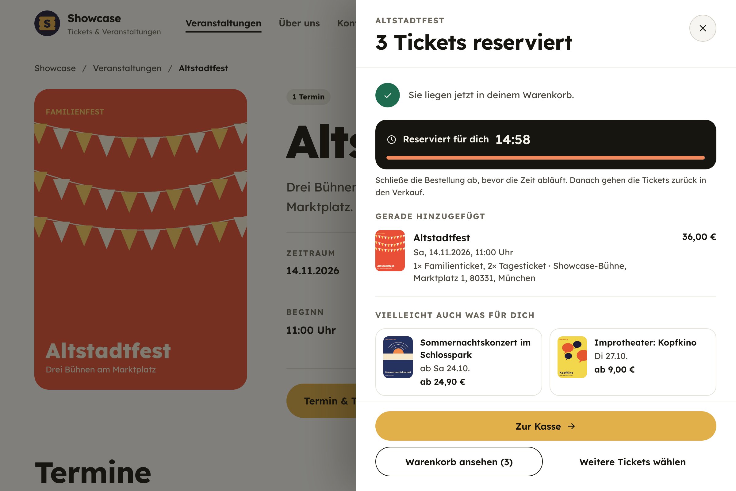 Die Tickets liegen im Warenkorb und sind reserviert